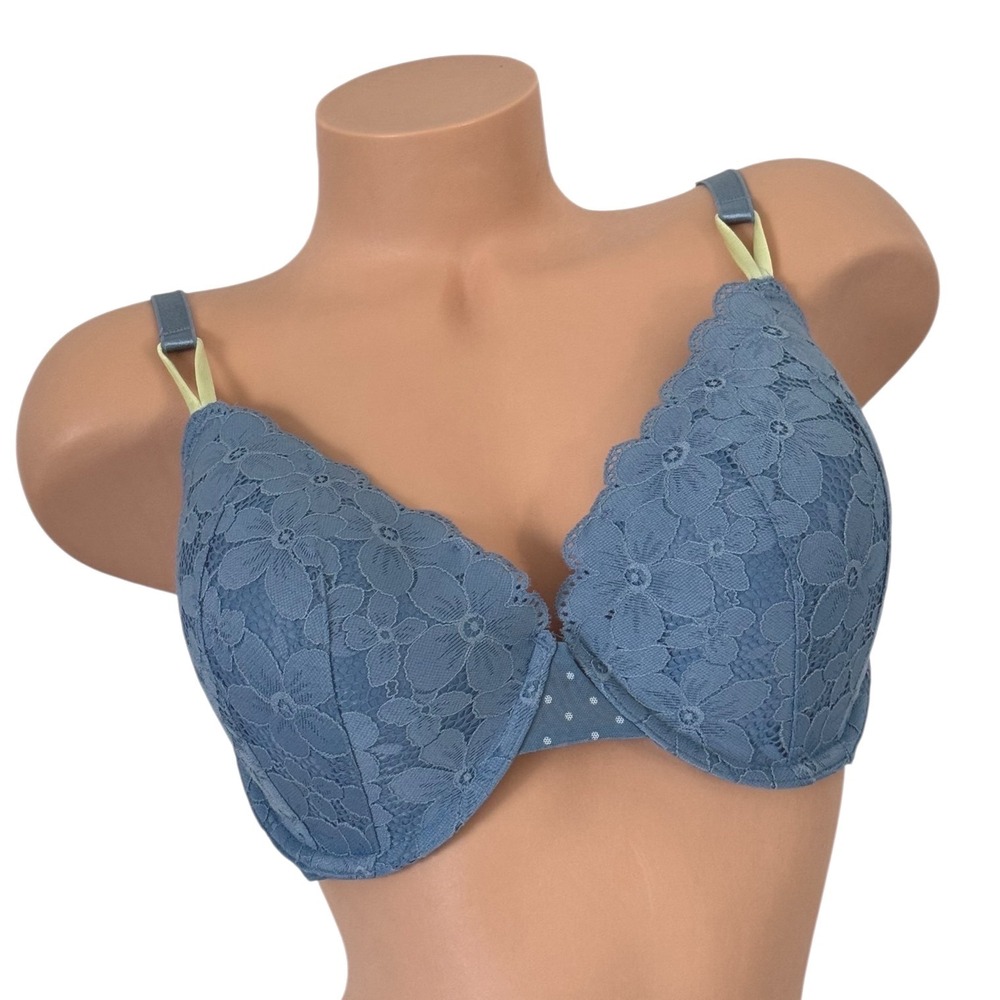 Victoria's Secret 38DD‎ T-shirt Lightly Lined Demi Bra Dusty Blue Lace Floral